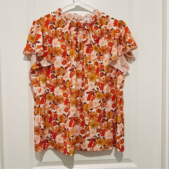 SimpleFun Women's Boho Top Floral Ruffle Short Sleeve Mock Neck Flowy Size Large - Picture 2 of 9